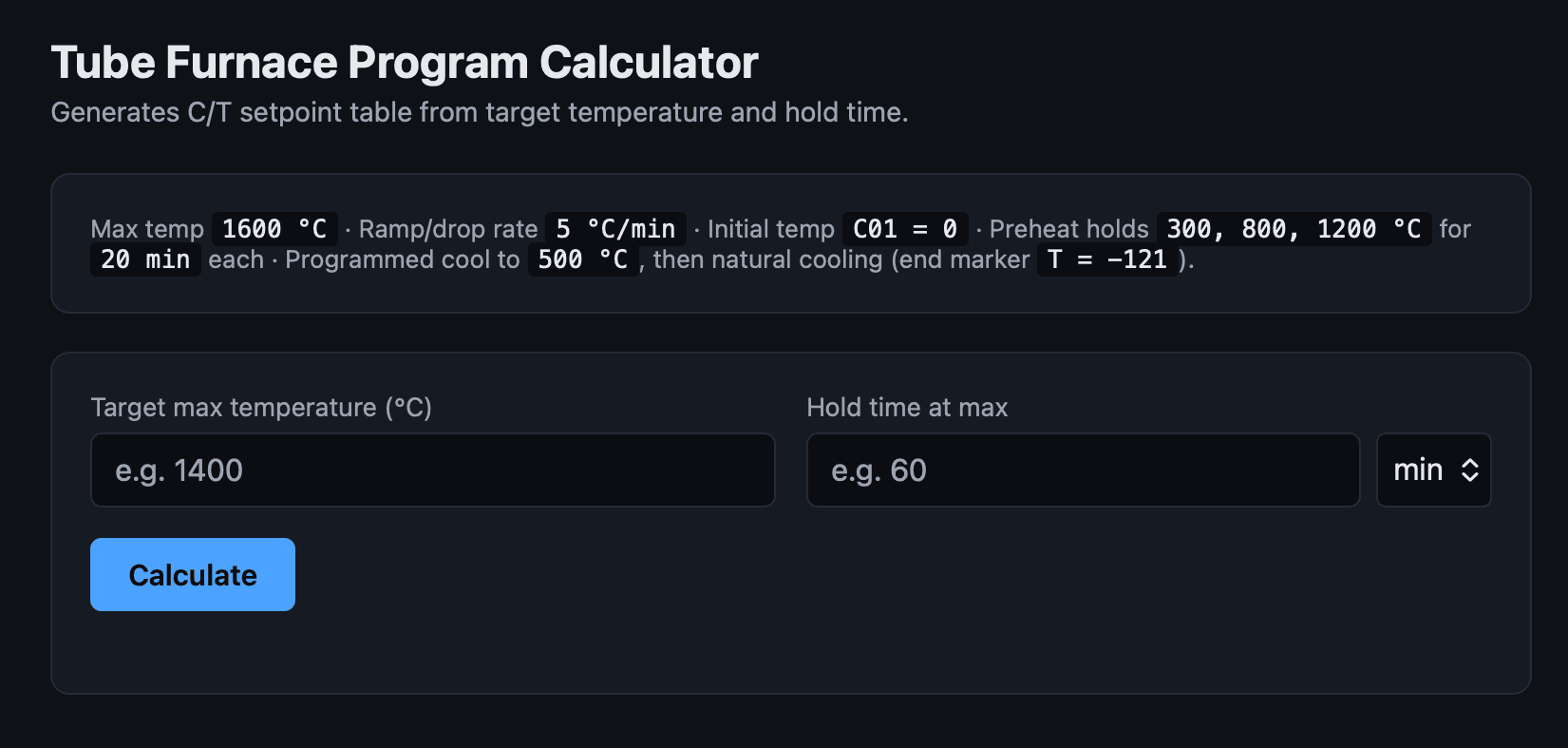 Tube Furnace Program Calculator